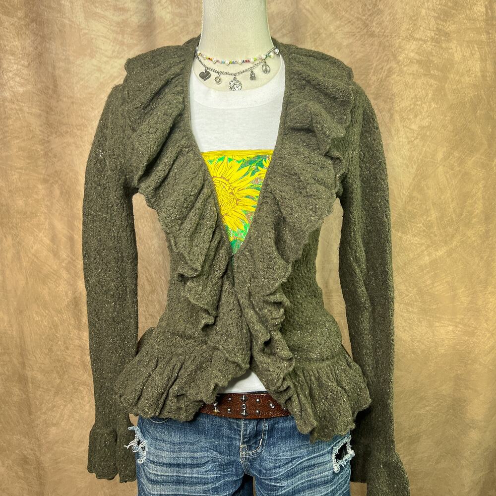 Vintage Fairy Grunge Sweater Ruffled Cardigan Sweater Army Green V Neck 90s Y2K